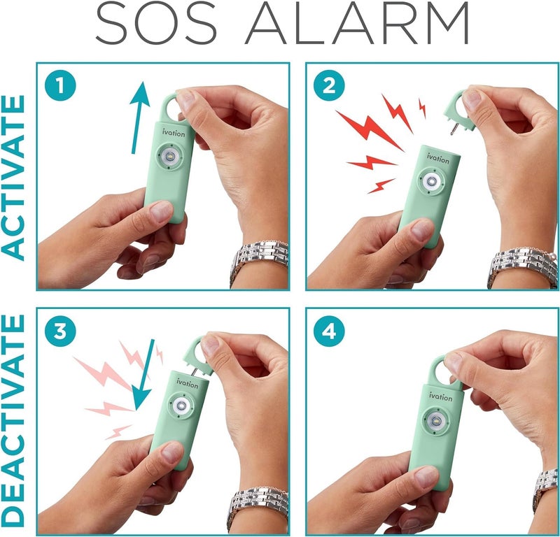 Ivation Personal Rechargeable SOS Alarm, Pocket Size Loud 130dB Sound Safety Siren & LED Panic Strobe Light with Carabiner Keychain Clip for Women, Children & Seniors, Green - Image 2